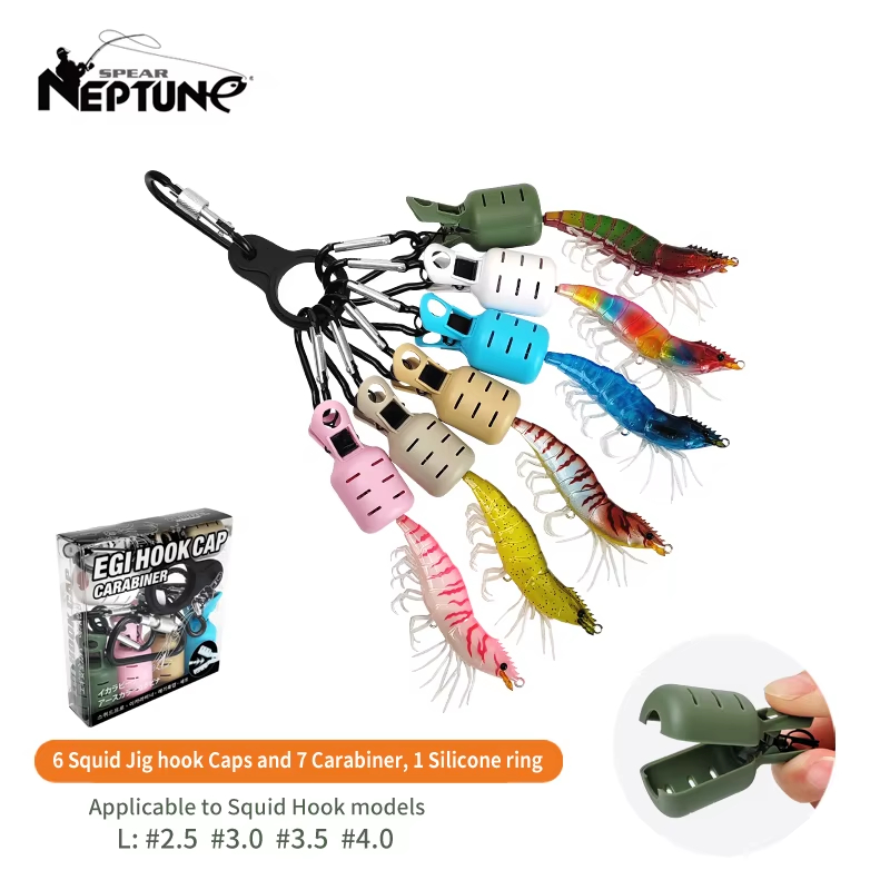 Fishing Lure Jig - 6-teiliges Set bunter Tintenfisch-Jig-Haken-Schutzkappen mit Karabiner,